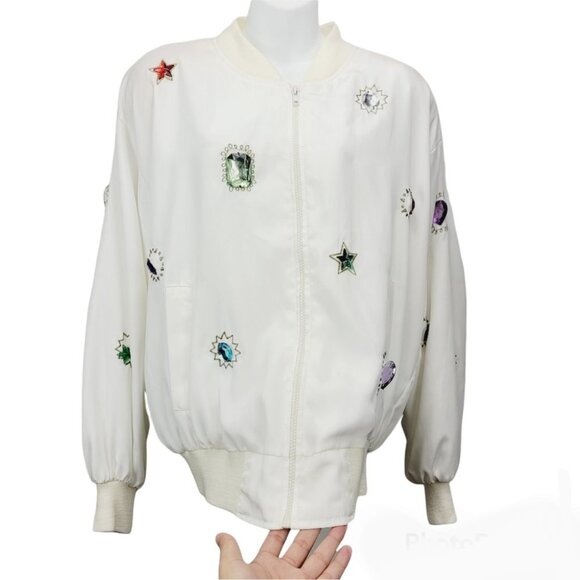 Minimalist Neutral White pearl embellished Embroidered Zip Up Jacket size M - Picture 1 of 15